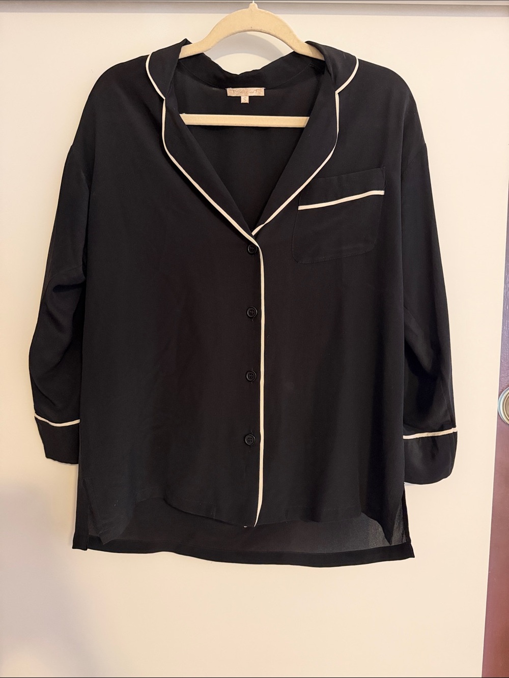 100% Silk Black Piped Button-Up Blouse with Cream Trim